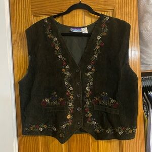 Northcrest Dark Olive Corduroy Floral-Embroidered Vest